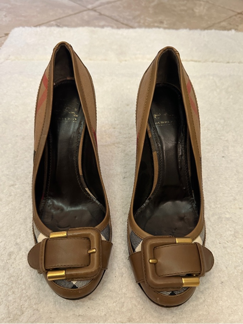 Burberry Brown Leather Buckle Pumps with Signature Check